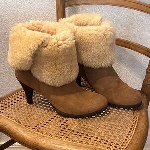 UGG Chic Brown and Cream Heeled Boots with Plush Lining
